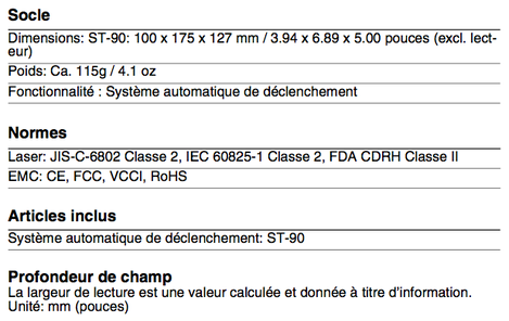 Spcifications techniques de l'Opticon OPR2001 (socle, normes...)