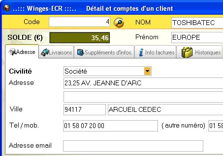 winges ecr : dtail d'un compte client